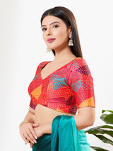 Red printed brocade V neck blouse