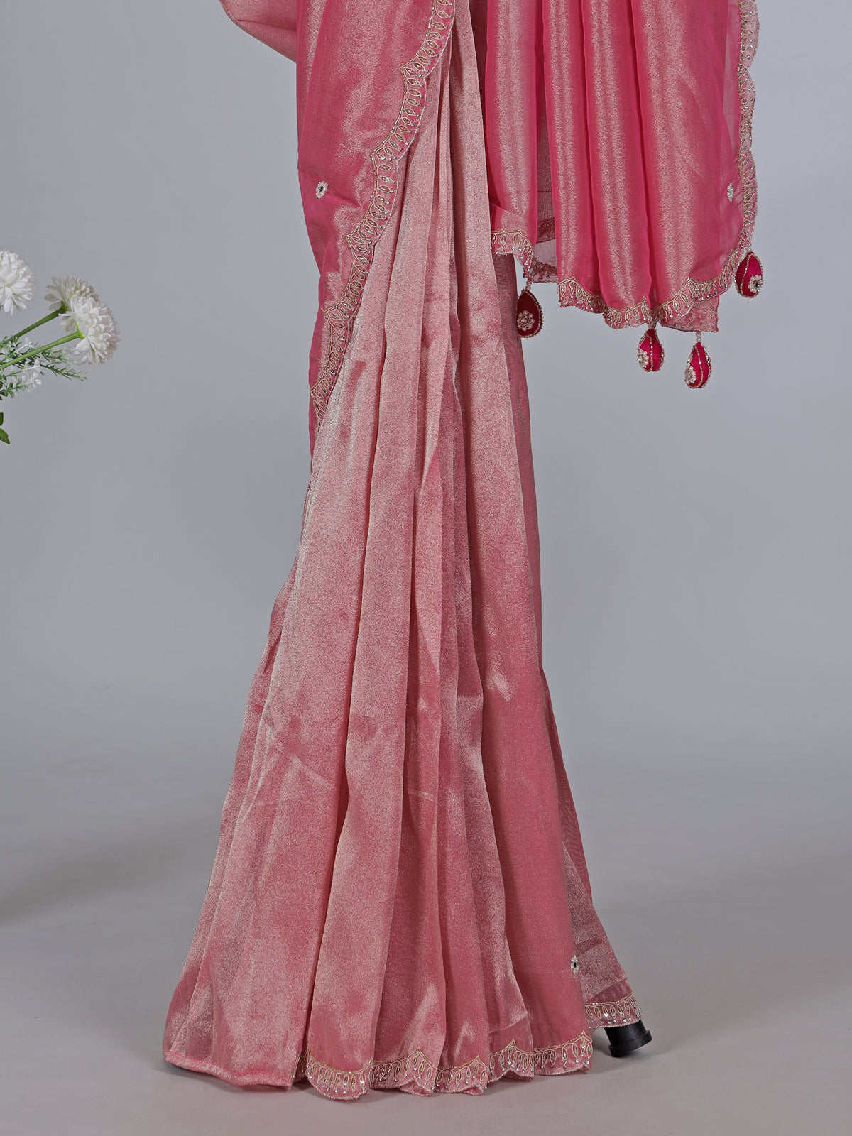 Pastel pink tissue silk designer saree