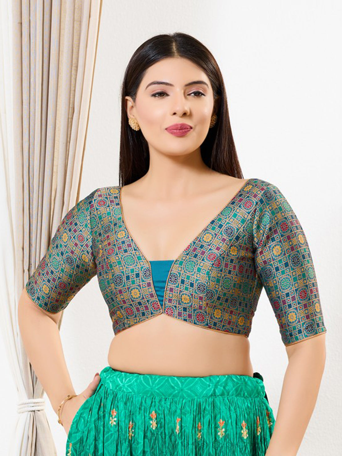Peacock blue printed brocade V neck blouse