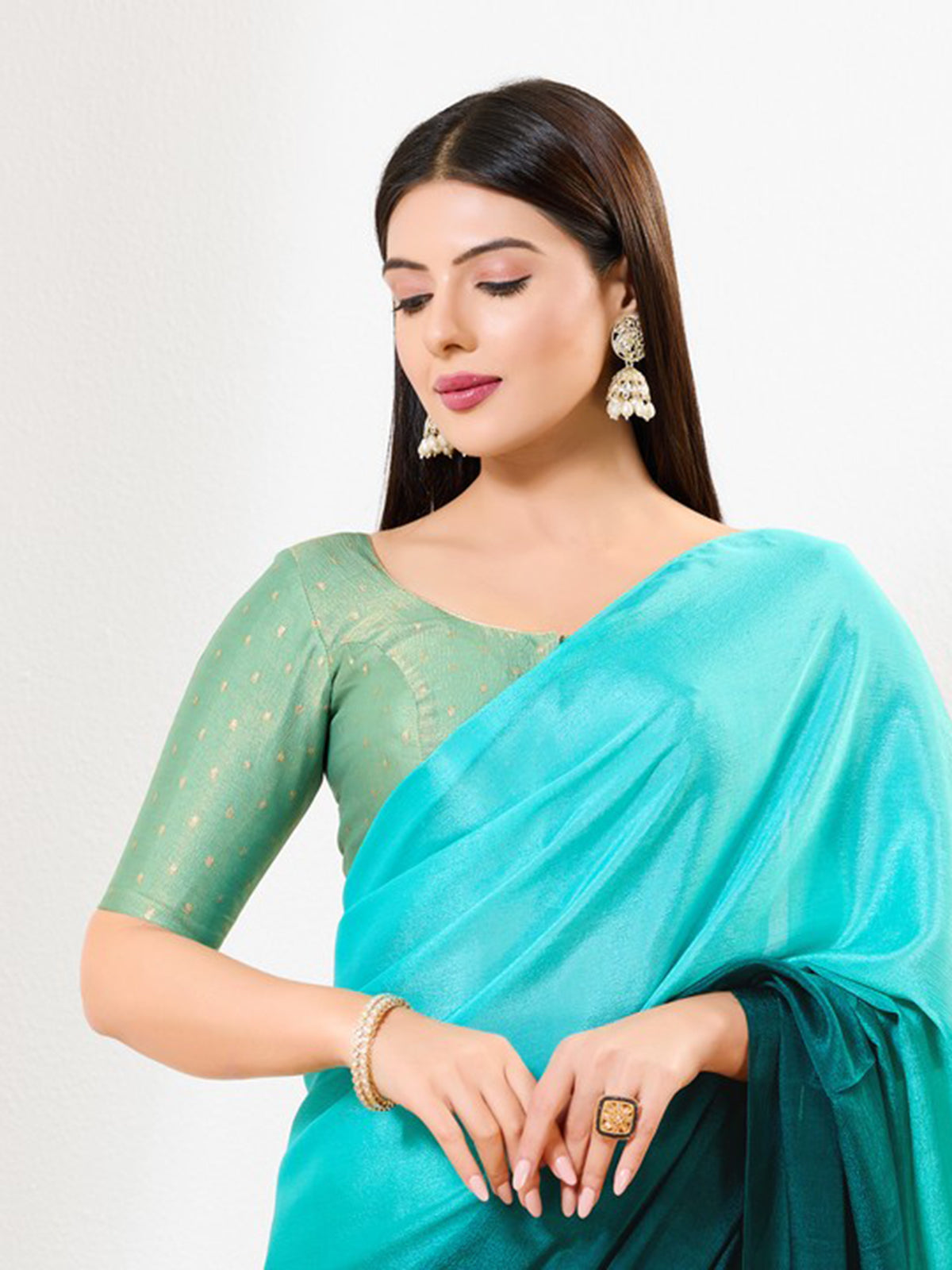 Pista green zari tissue round neck blouse