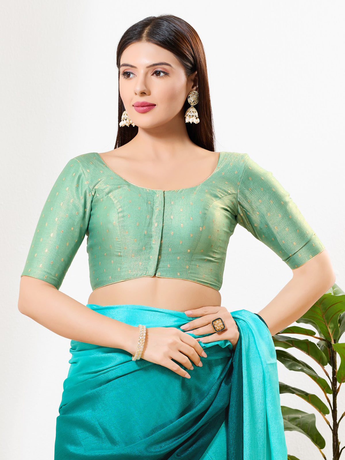 Pista green zari tissue round neck blouse