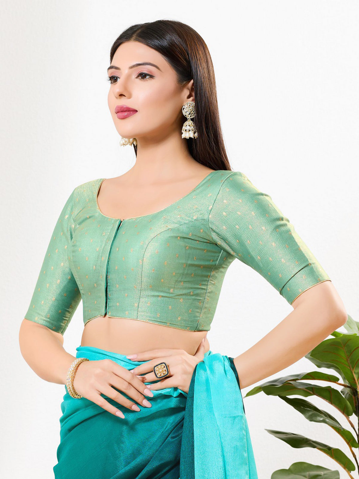Pista green zari tissue round neck blouse