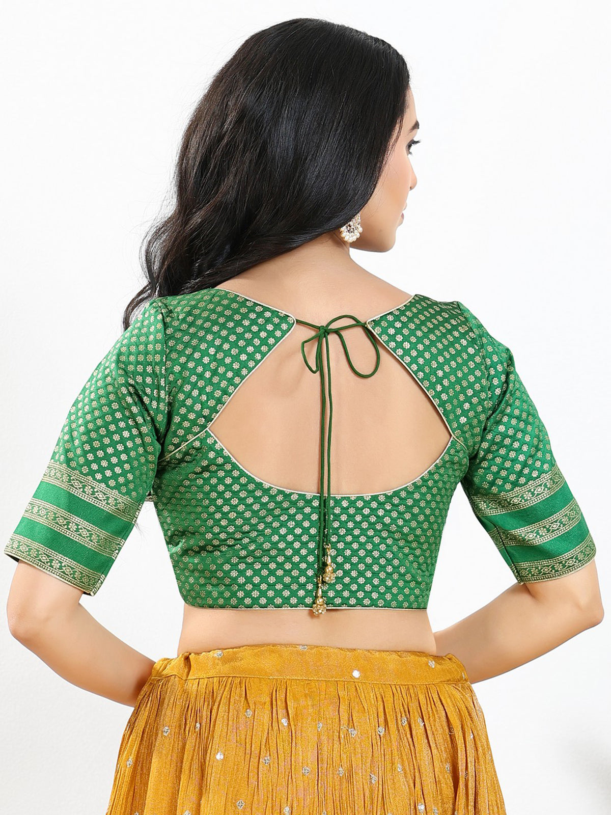 Green zari brocade round neck blouse