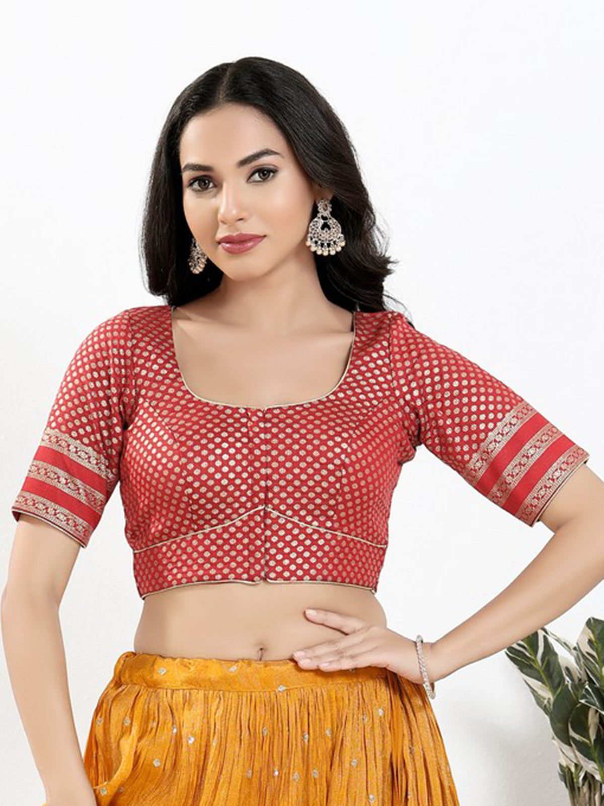 Maroon zari brocade front open blouse