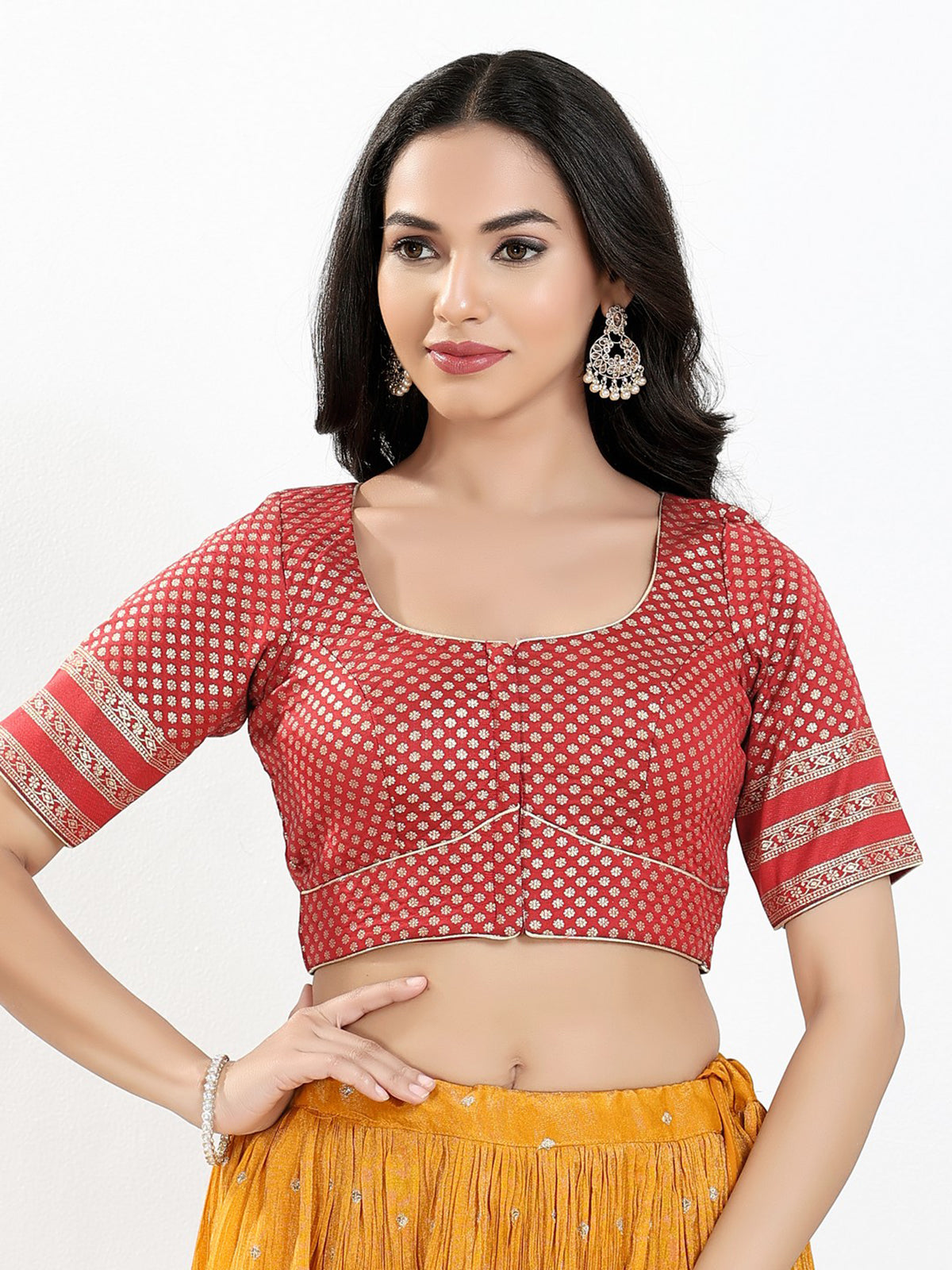 Maroon zari brocade front open blouse