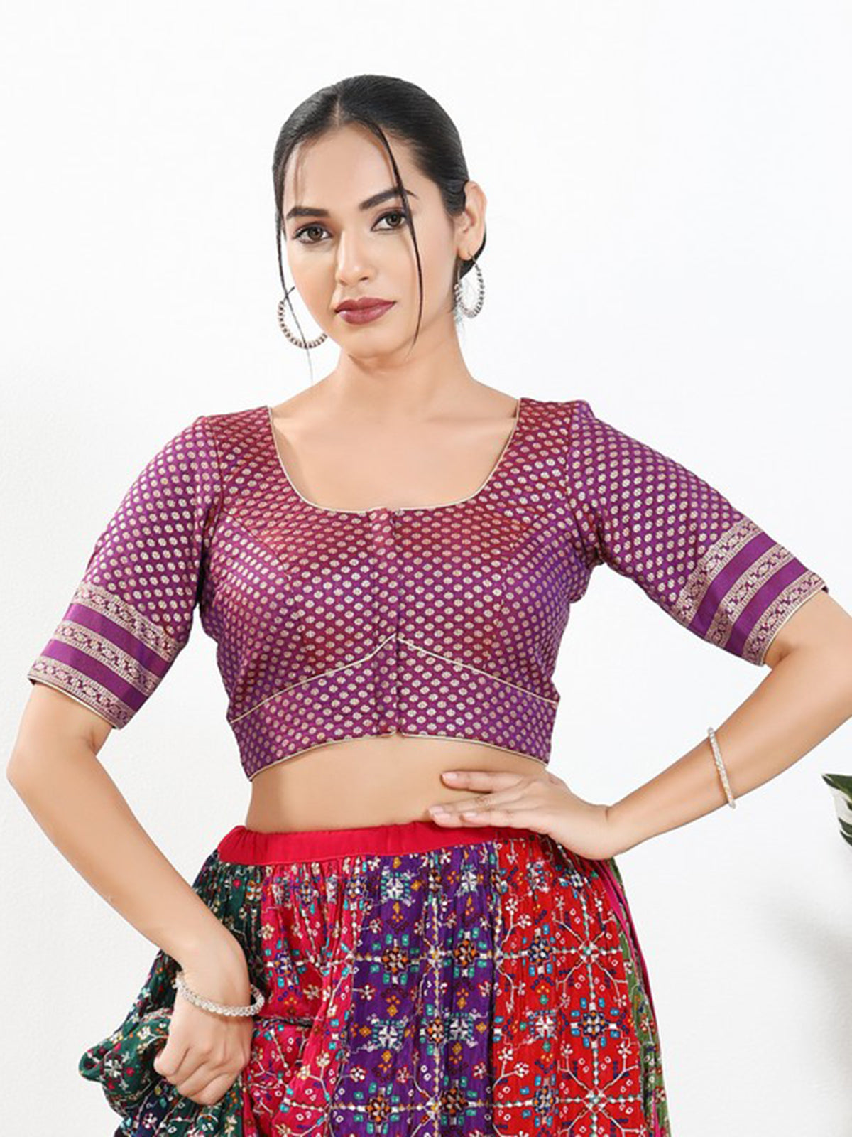 Purple zari brocade round neck blouse