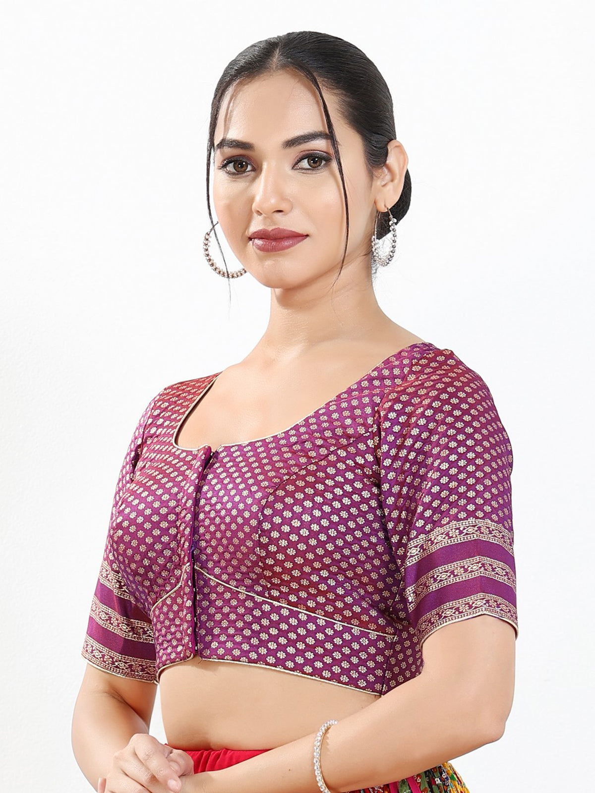 Purple zari brocade round neck blouse