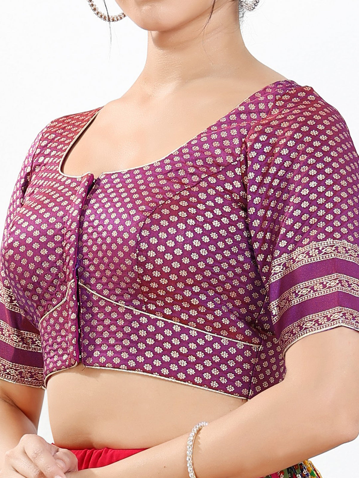 Purple zari brocade round neck blouse