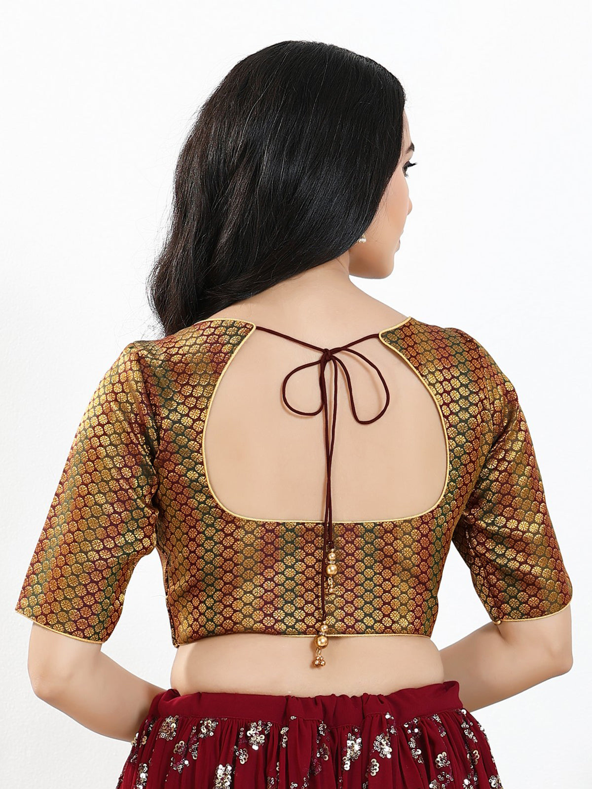 Dark maroon zari brocade sweetheart neck blouse