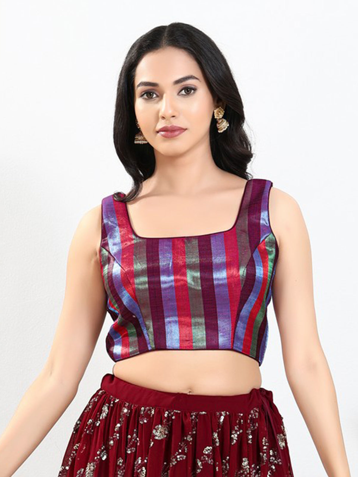Wine multi zari brocade square neck blouse
