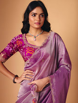 Pastel purple saree in tissue silk with ready made blouse