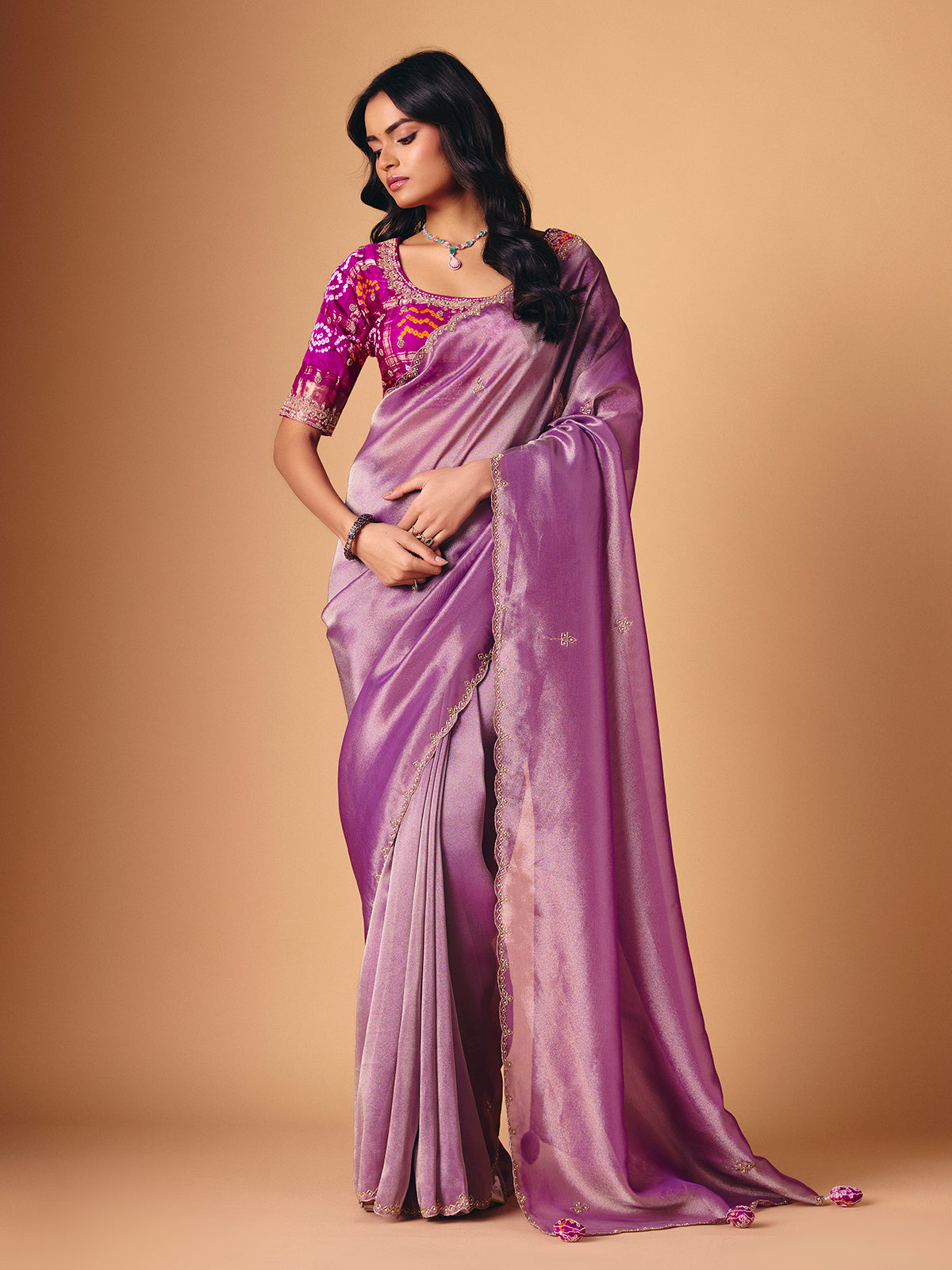 Pastel purple saree in tissue silk with ready made blouse