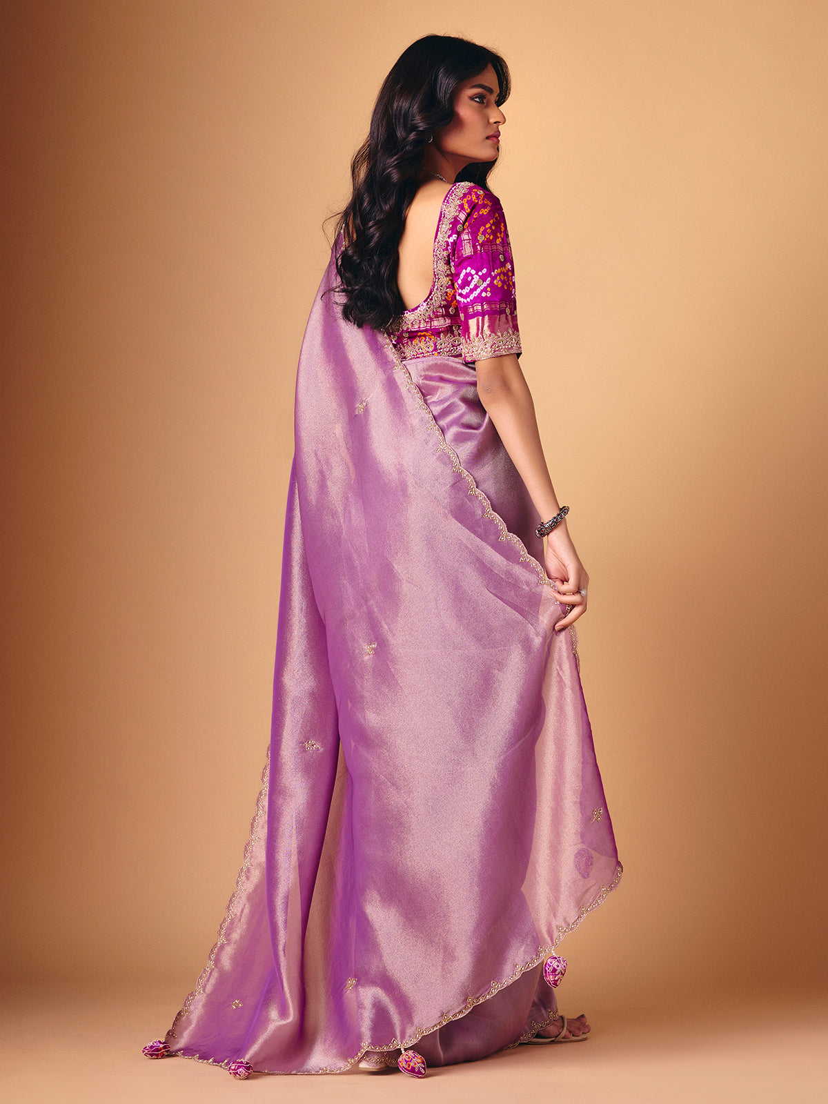 Pastel purple saree in tissue silk with ready made blouse