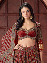 Maroon printed cotton silk zari work lehenga choli