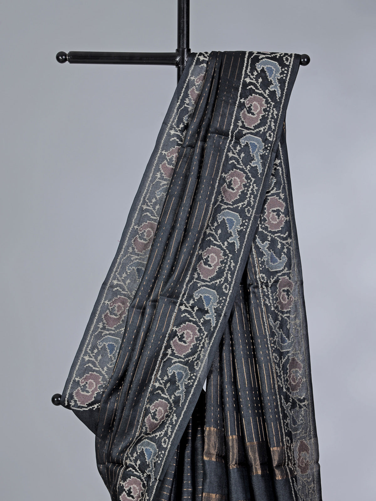 Black art tusser silk patola print border saree