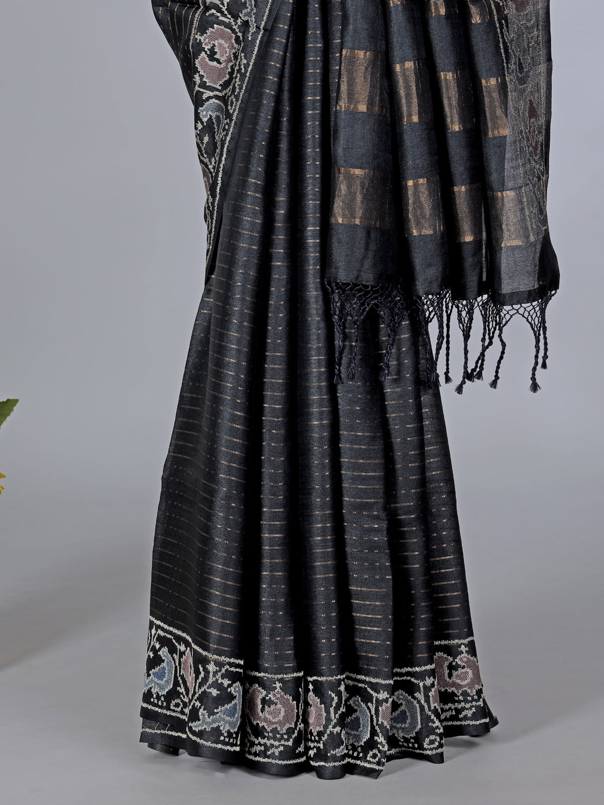 Black art tusser silk patola print border saree