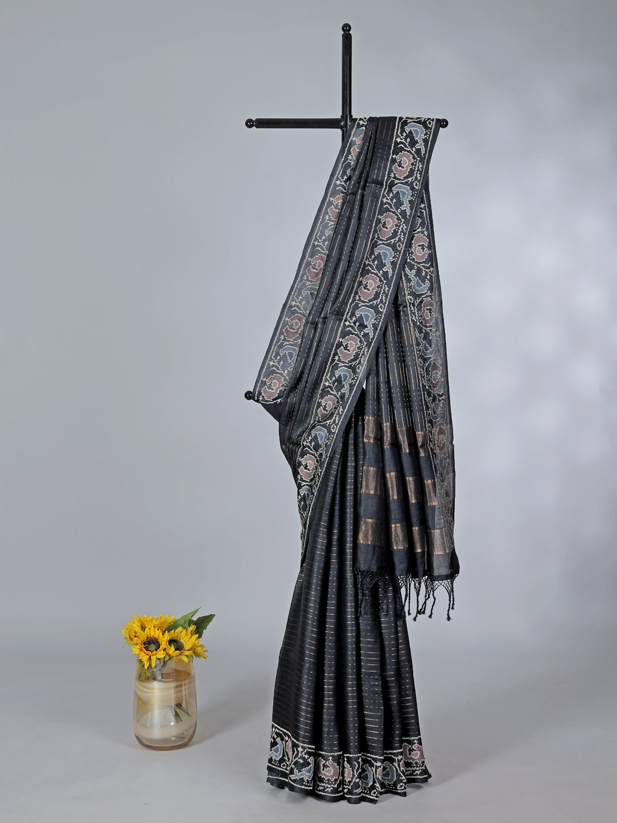 Black art tusser silk patola print border saree