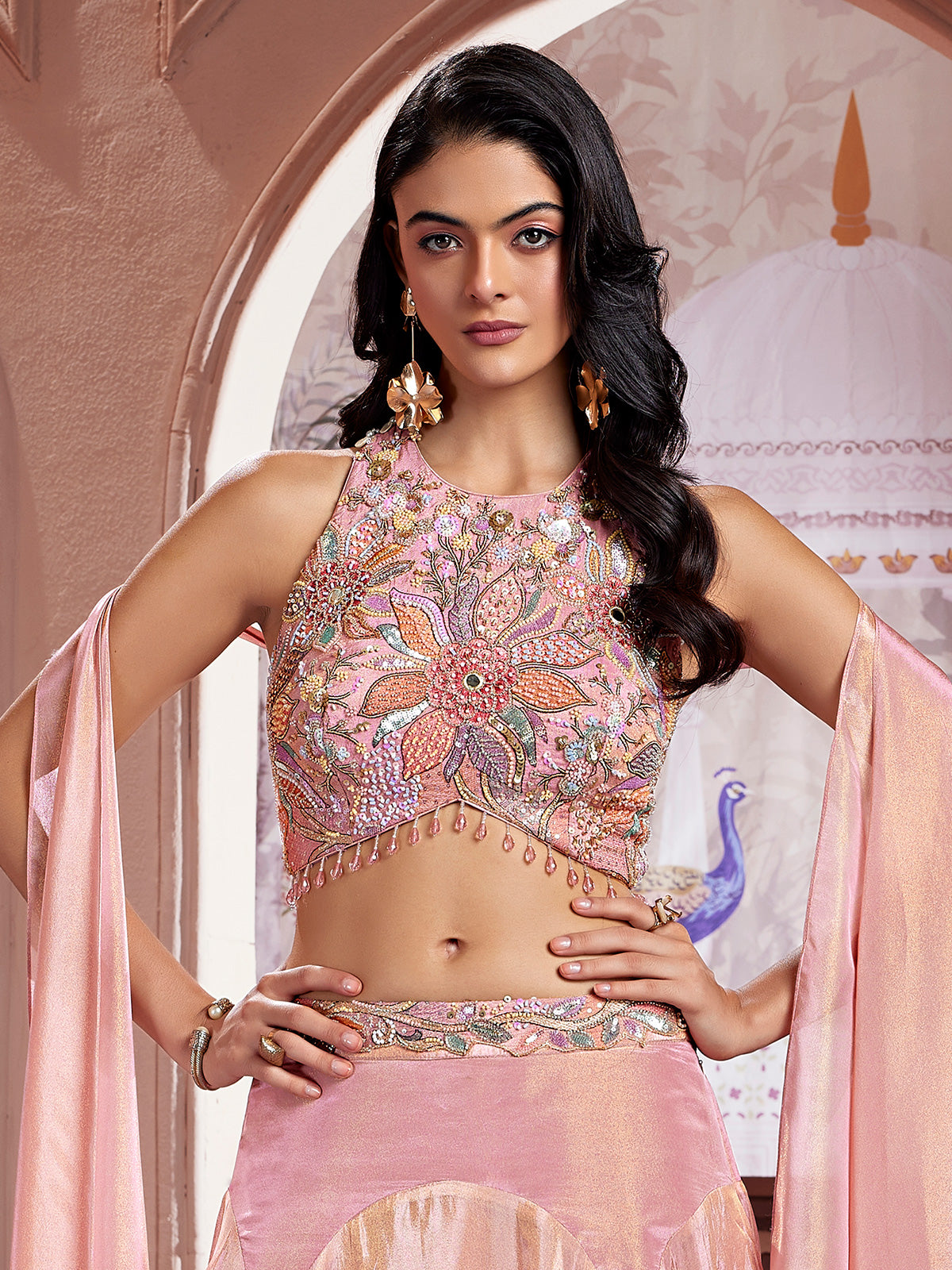 Pink crepe silk boat neck lehenga choli