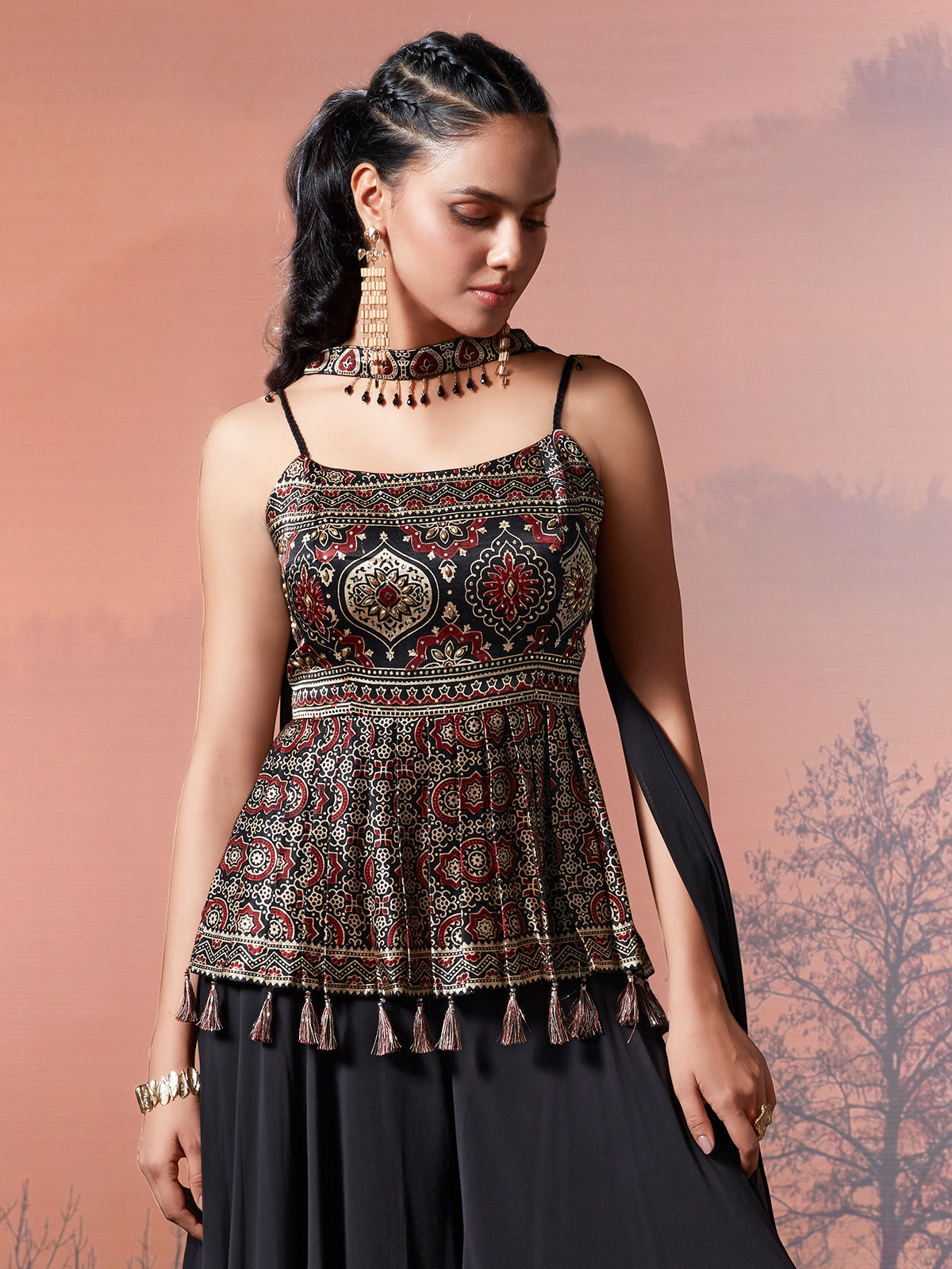 Black georgette silk printed palazzo suit with dupatta