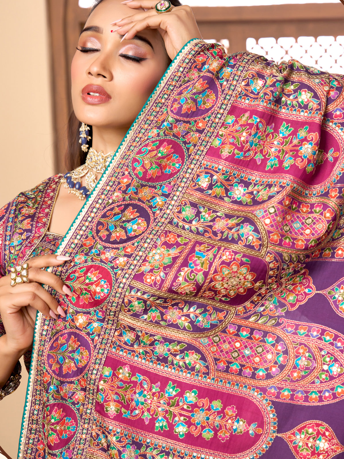 Purple printed satin silk embellished saree