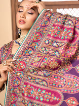 Purple printed satin silk embellished saree
