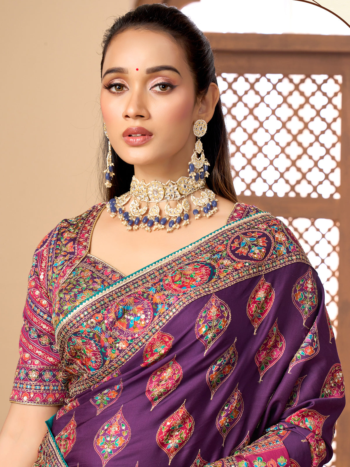 Purple printed satin silk embellished saree