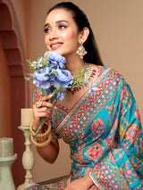 Aqua blue printed satin silk wedding wear saree