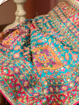 Aqua blue printed satin silk wedding wear saree
