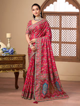 Deep red printed satin silk festive wear saree