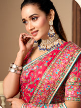 Deep red printed satin silk festive wear saree