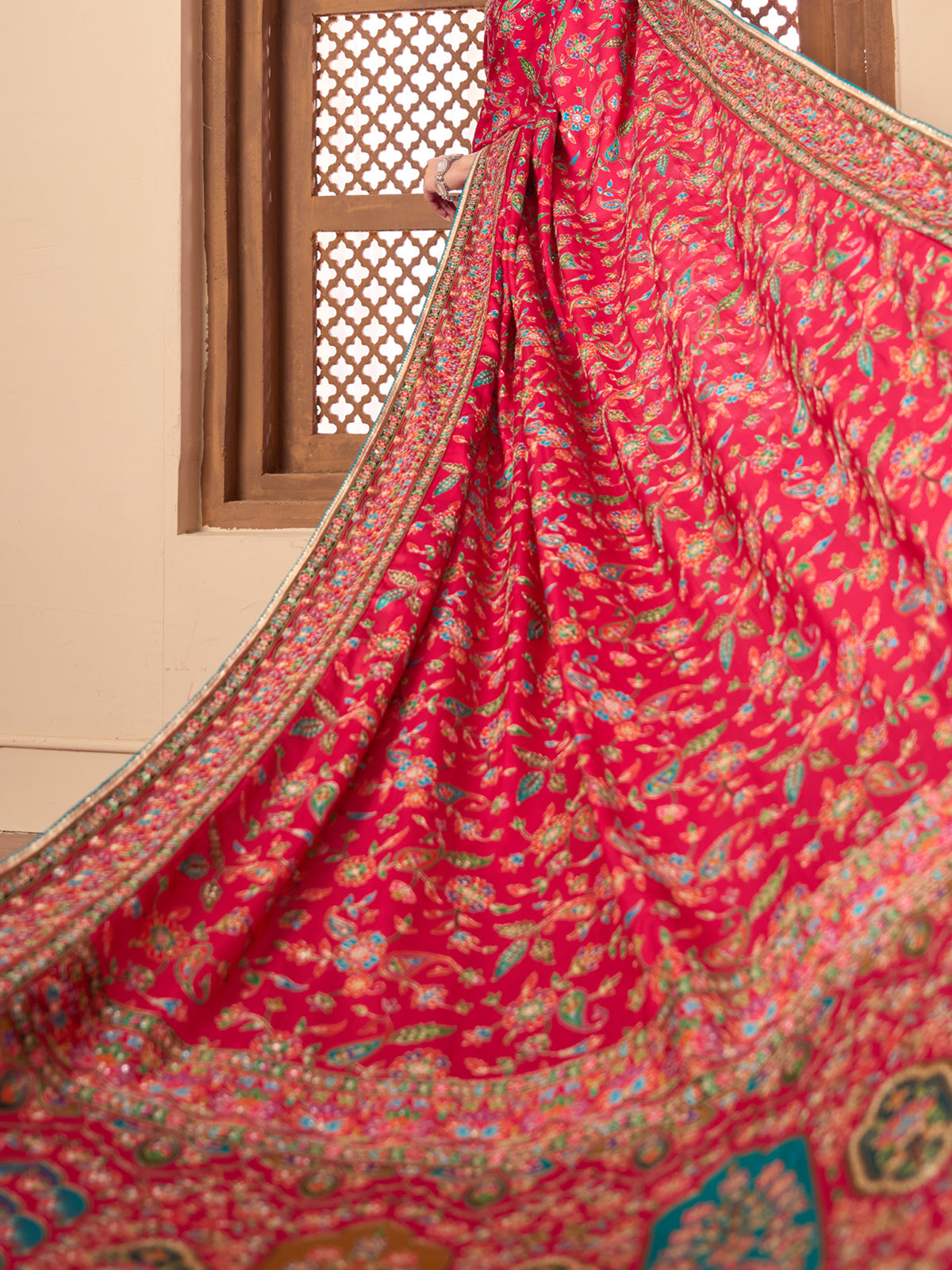 Deep red printed satin silk festive wear saree