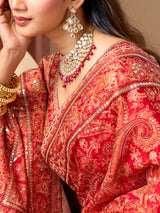 Red printed satin silk wedding wear saree