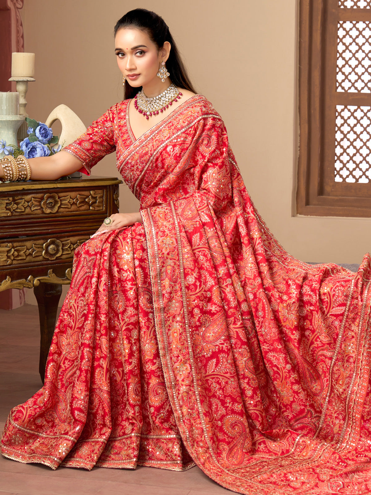 Red printed satin silk wedding wear saree