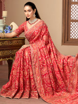 Red printed satin silk wedding wear saree
