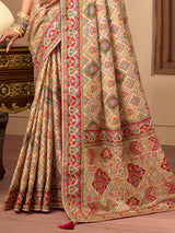 Cream printed satin silk embellished saree
