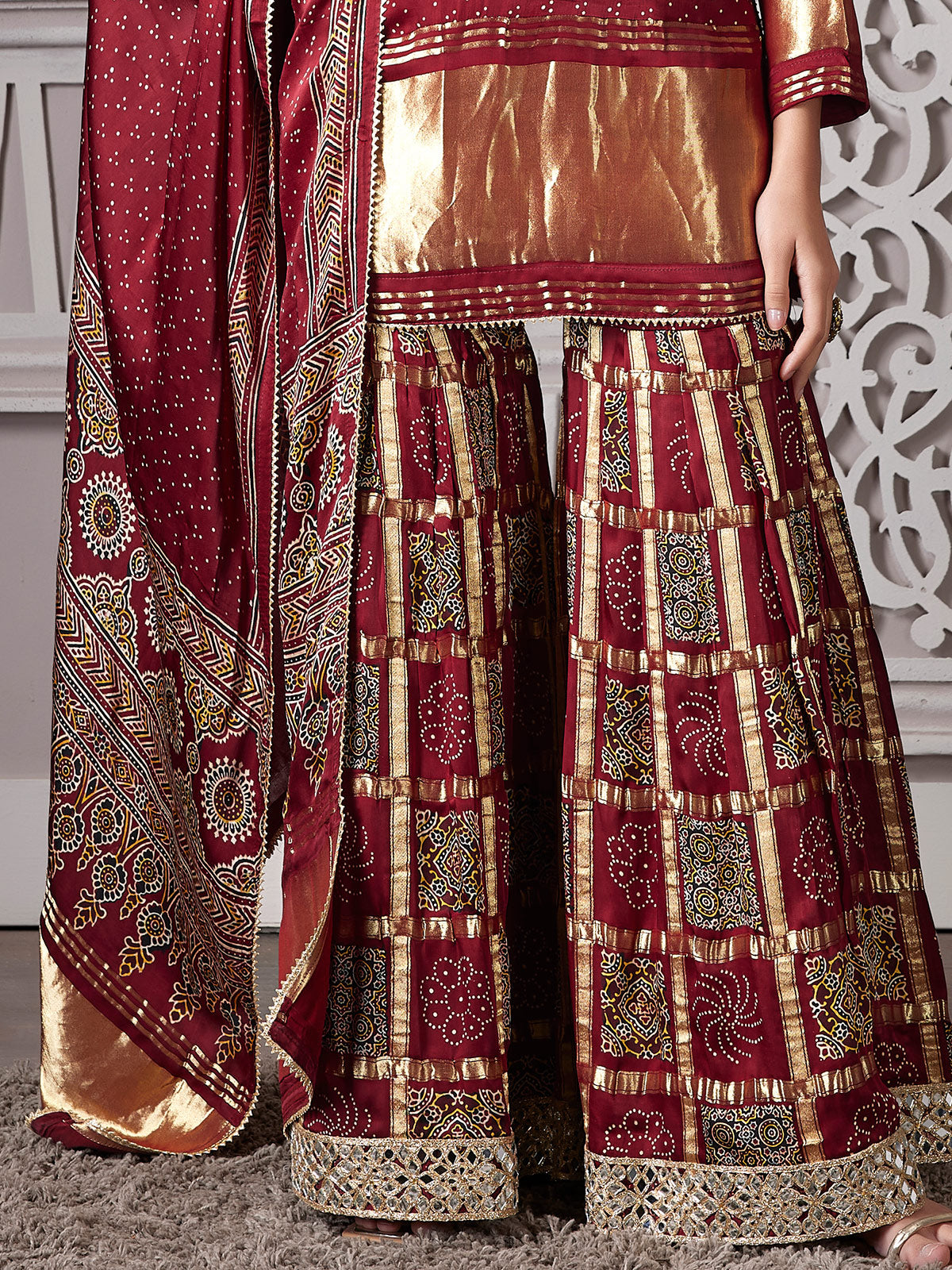 Maroon printed punjabi style palazzo suit