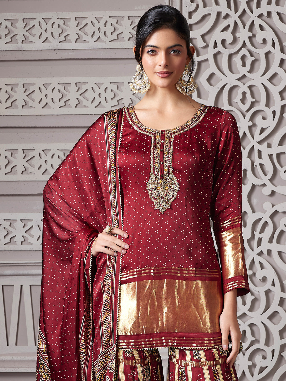 Maroon printed punjabi style palazzo suit