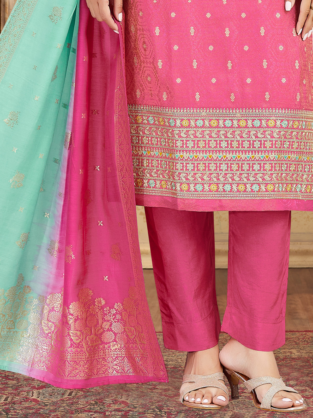 Pink contrast dupatta embellished silk salwar suit