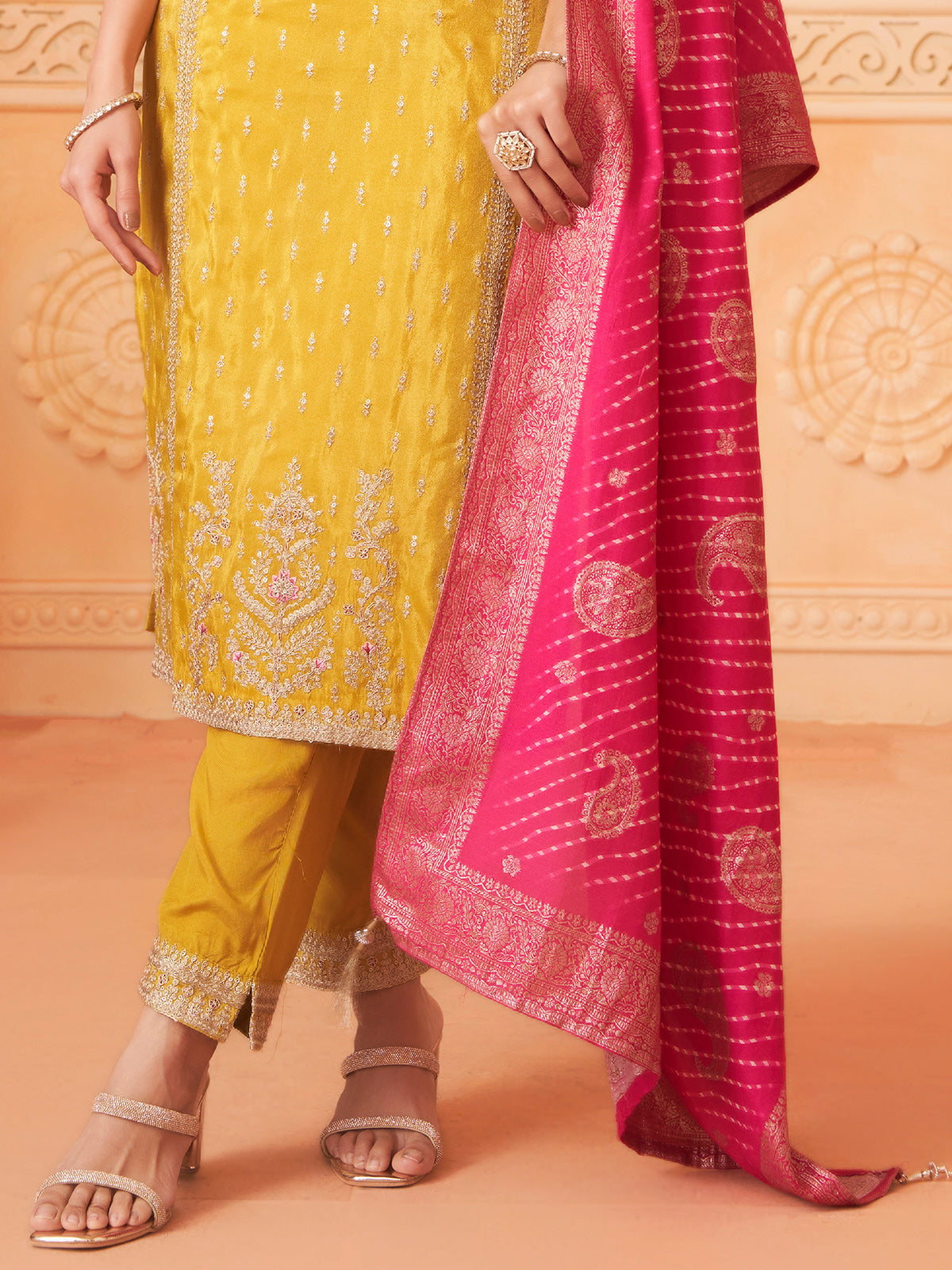Mustard yellow diamond work pakistani silk salwar suit