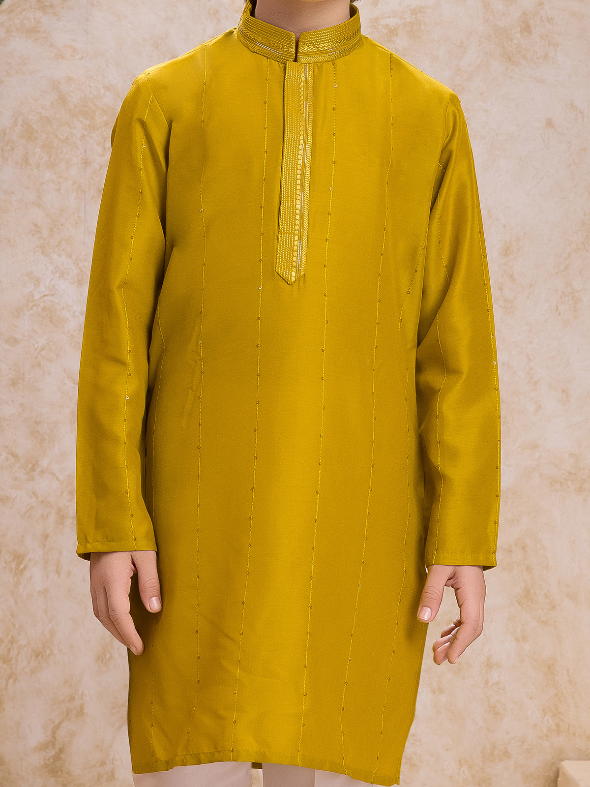 Yellow festive kurta suit in cotton silk for boys