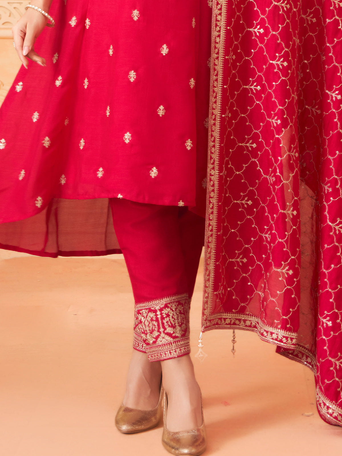 Rani pink designer silk stand collar neck salwar suit