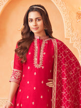 Rani pink designer silk stand collar neck salwar suit