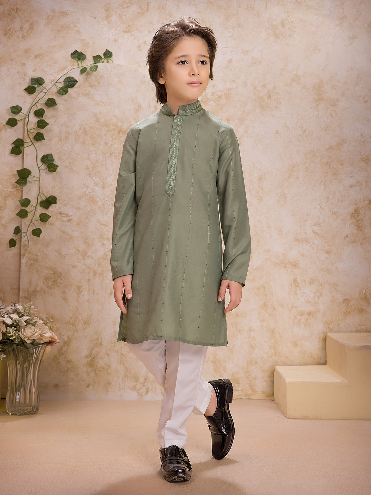 Pista green cotton silk ethnic kurta suit