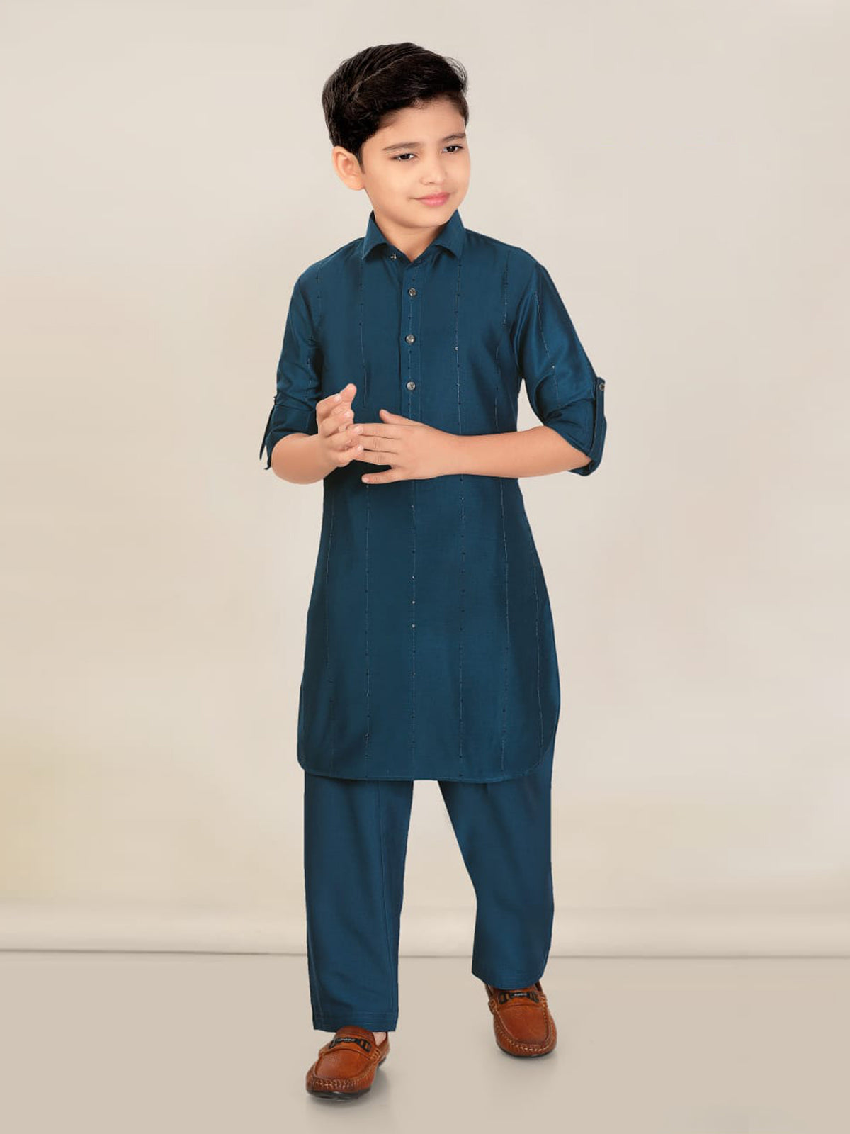 Navy cotton silk boys pathani suit festive