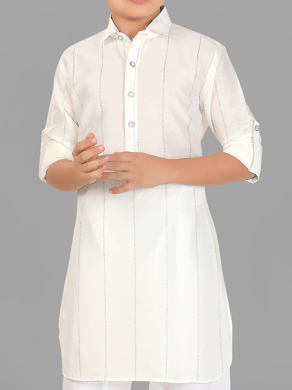 White cotton silk boys pathani suit festive