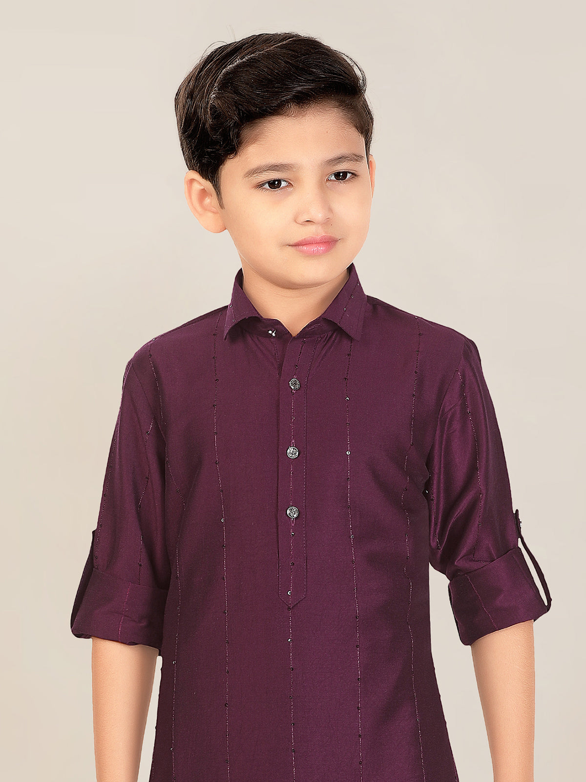 Wine cotton silk boys pathani suit for eid celebration