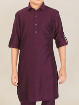 Wine cotton silk boys pathani suit for eid celebration