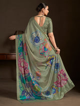 Pastel olive ready to wear silk crepe saree with stitched blouse