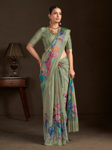 Pastel olive ready to wear silk crepe saree with stitched blouse
