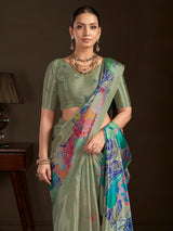 Pastel olive ready to wear silk crepe saree with stitched blouse